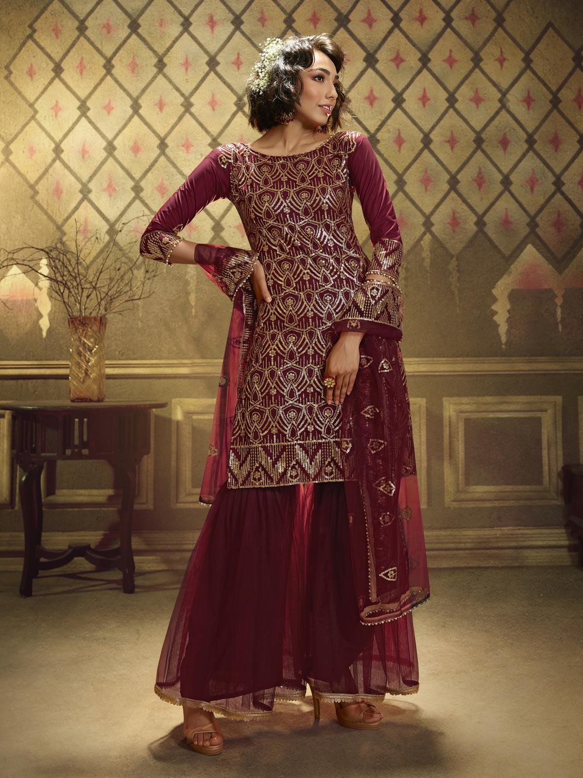 Maroon Net Embroidered Sharara Suit