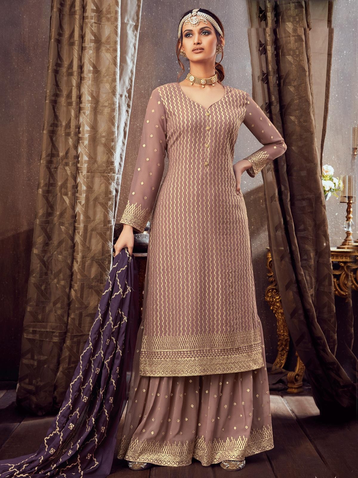 Women Pink Georgette Embroidered Palazzo Suit