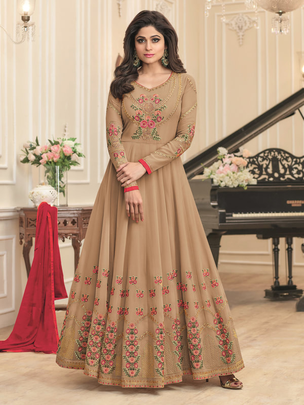 shamita shetty beige embroidered gown suit