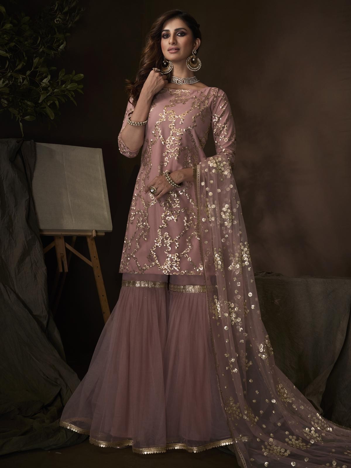 Pink Net Embroidered Sharara Suit
