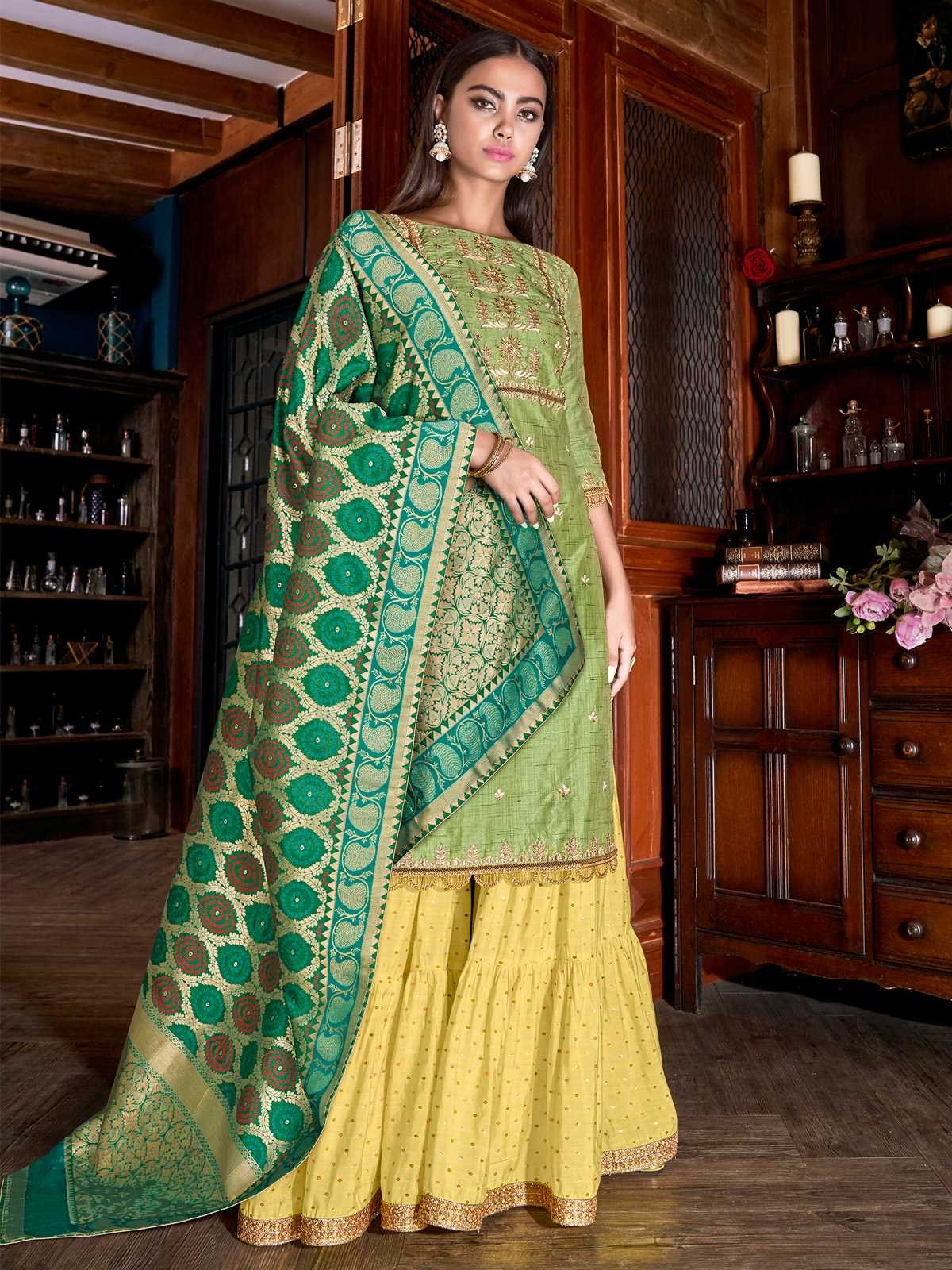 Lime Green Silk Embroidered Sharara Suit