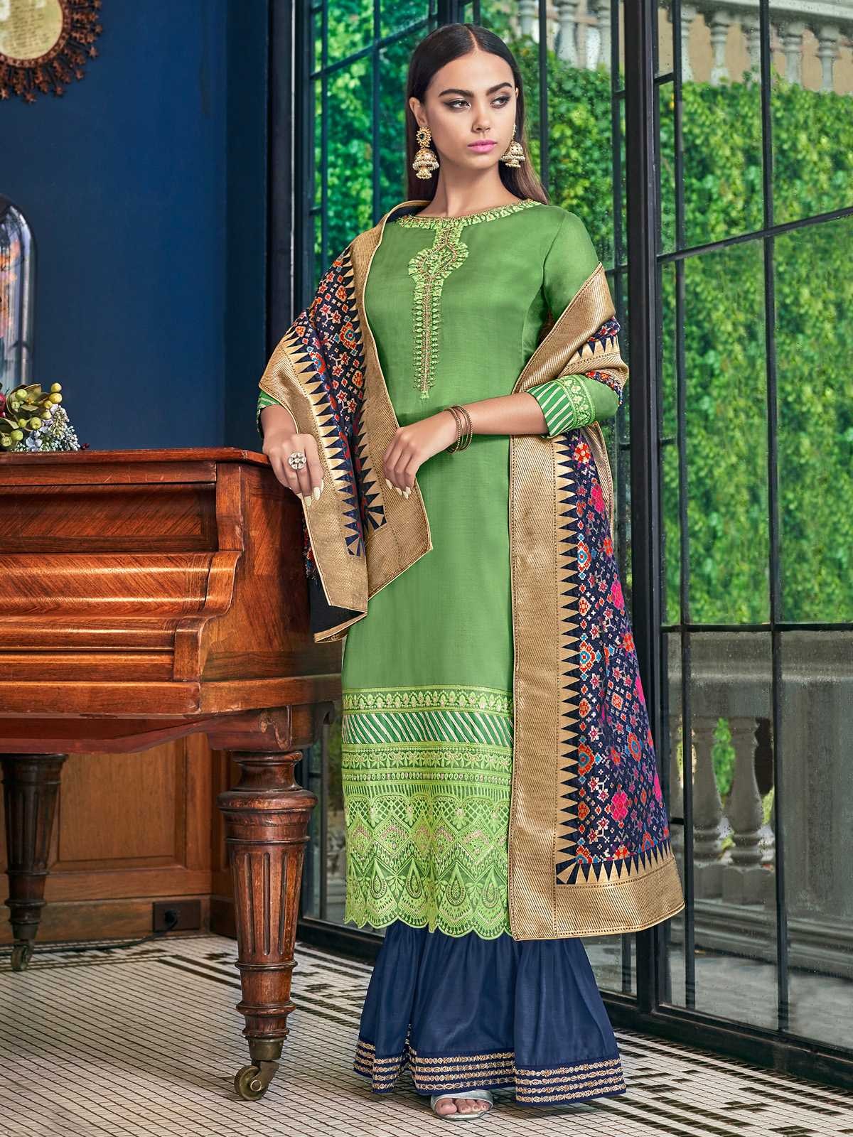 Green Satin Embroidered Sharara Suit