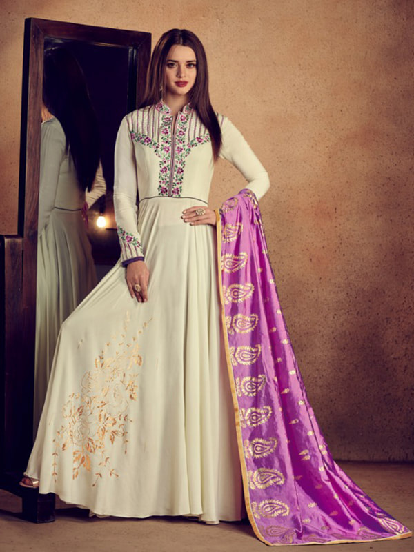 charming cream embroidered gown suit