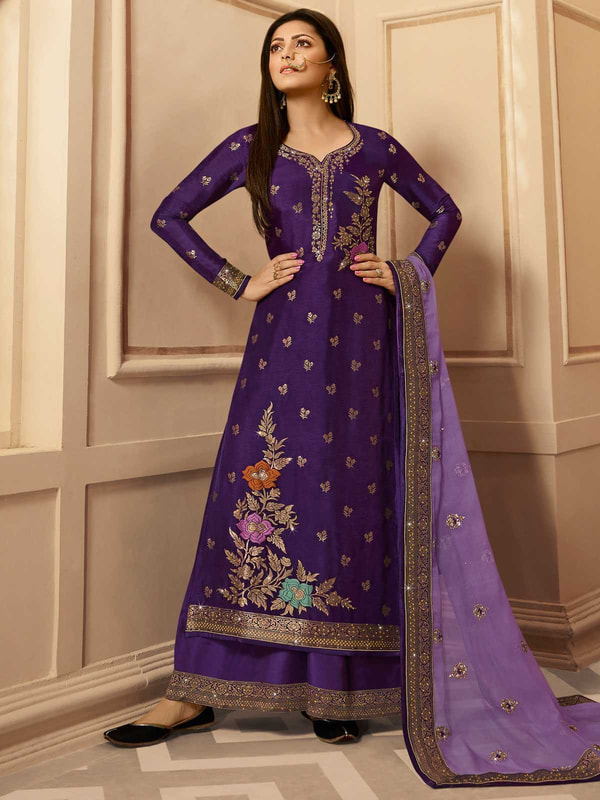 Drashti Dhami Jacquard Silk Violet Designer Palazzo Suit