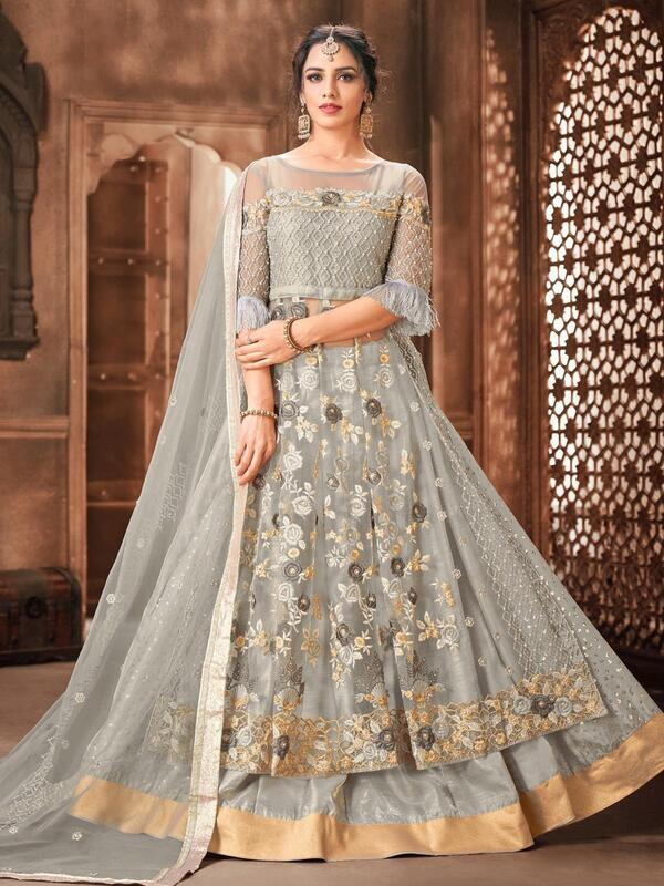grey-partywear-lehenga-with-pant-and-dupatta
