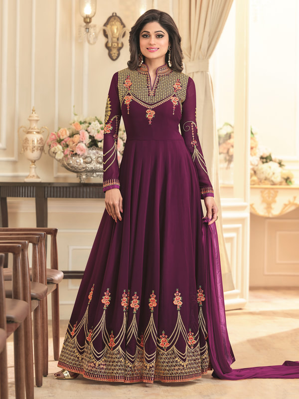 shamita shetty wine embroidered gown suit