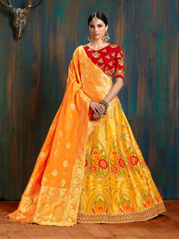 Yellow Banarasi Silk Lehenga Choli